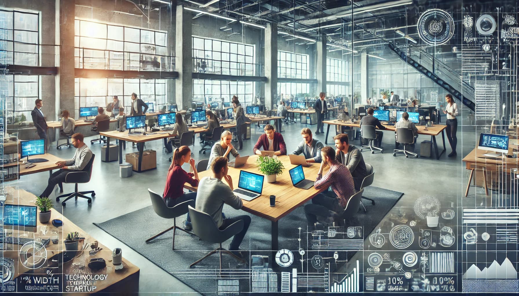 A wide panoramic image showing a bustling technology startup office space with young professionals working on laptops and discussing around a meeting